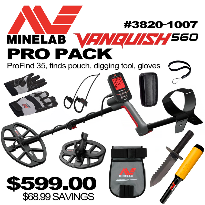 Minelab Vanquish 560 Pro Pack + Pro-Find 35, digging tool, finds pouch, gloves #3820-1007