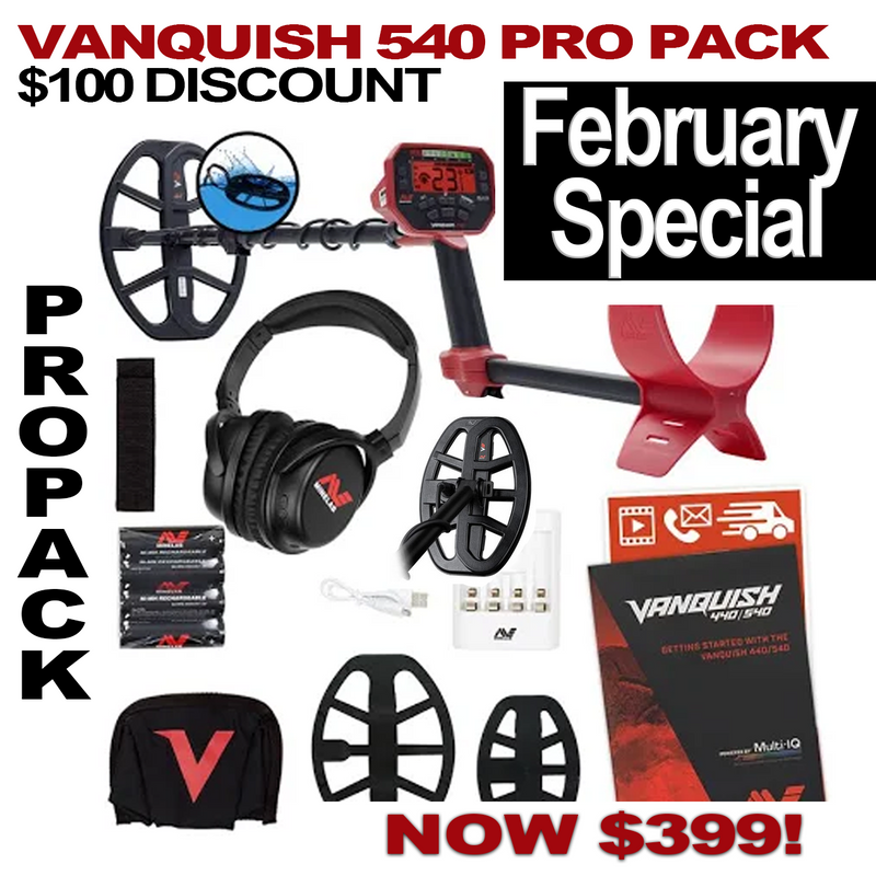MINELAB VANQUISH 540 PRO PACK METAL DETECTOR - $100 2026 Winter Discount. Includes many extras