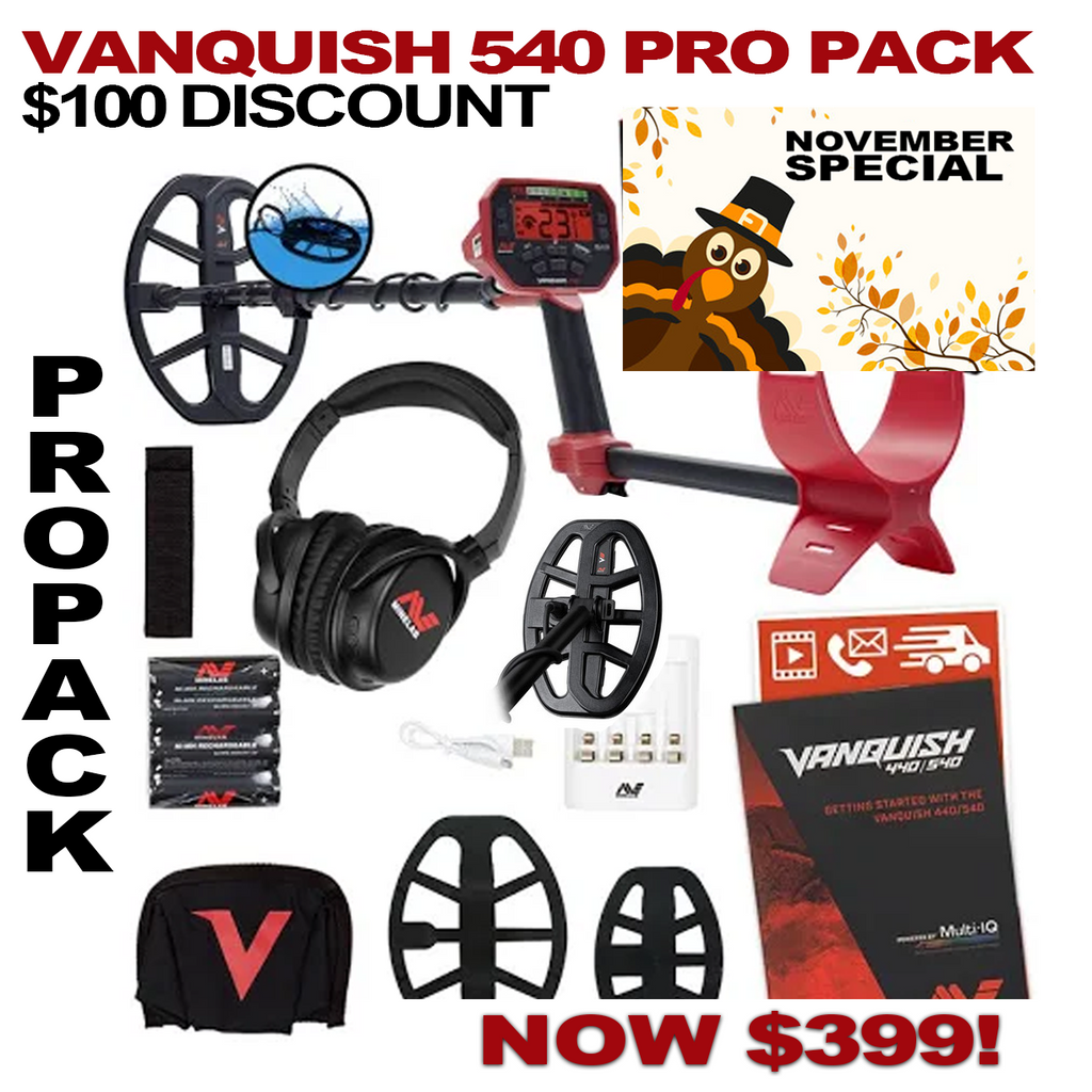 MINELAB VANQUISH 540 PRO PACK METAL DETECTOR - $100 Fall Discount. Includes many extras