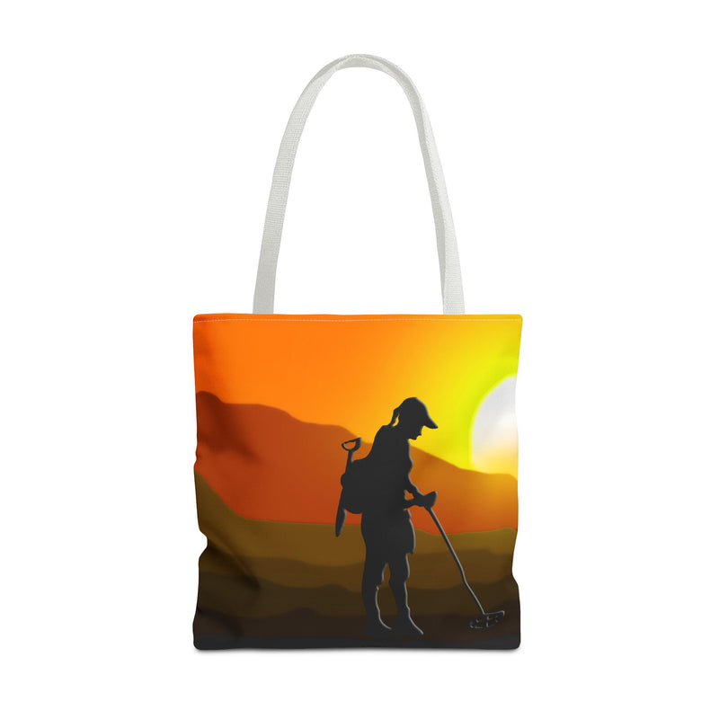 18X18" Tote SUNSET with Female Detectorist design. 1 sided print.