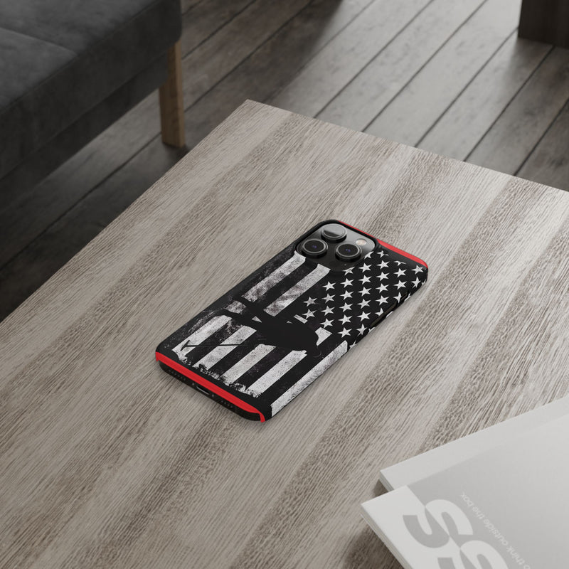 Slim iPhone Red Cases with stylized American Flag and Detectorist Graphic (iPhone 13-16 series)