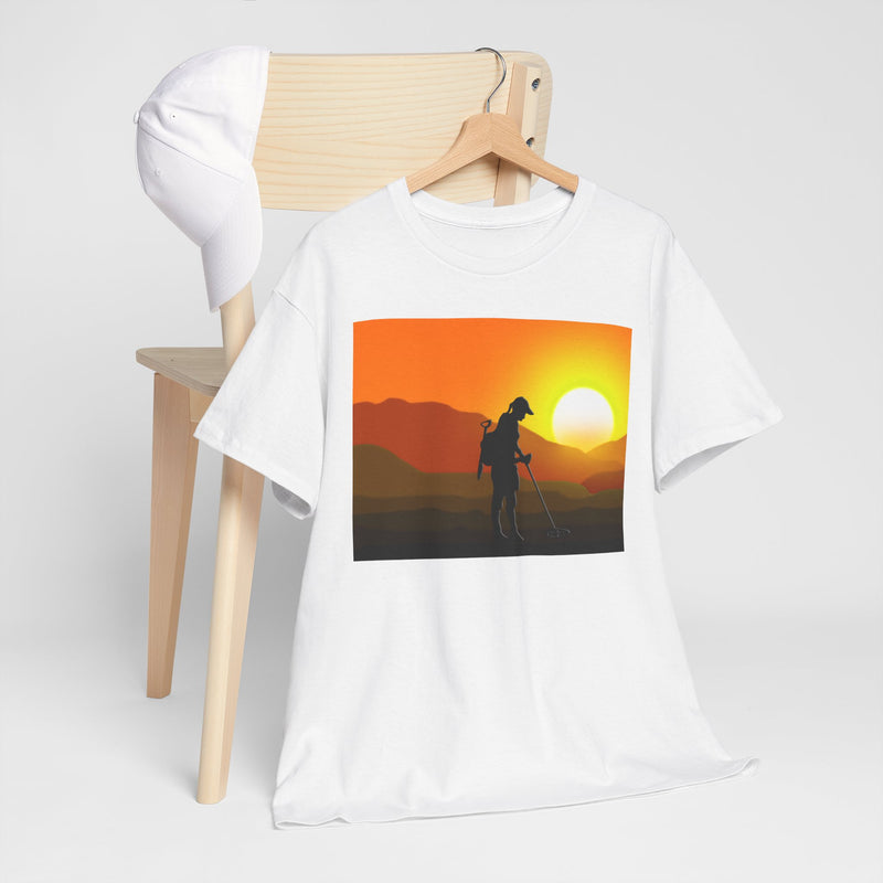 Female Detectorist with Sunset design. Heavy weight cotton T-Shirt. FREE SHIPPING