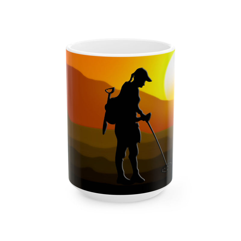 15 ounce Ceramic Mug - "Female detectorist with sunset design" FREE SHIPPING