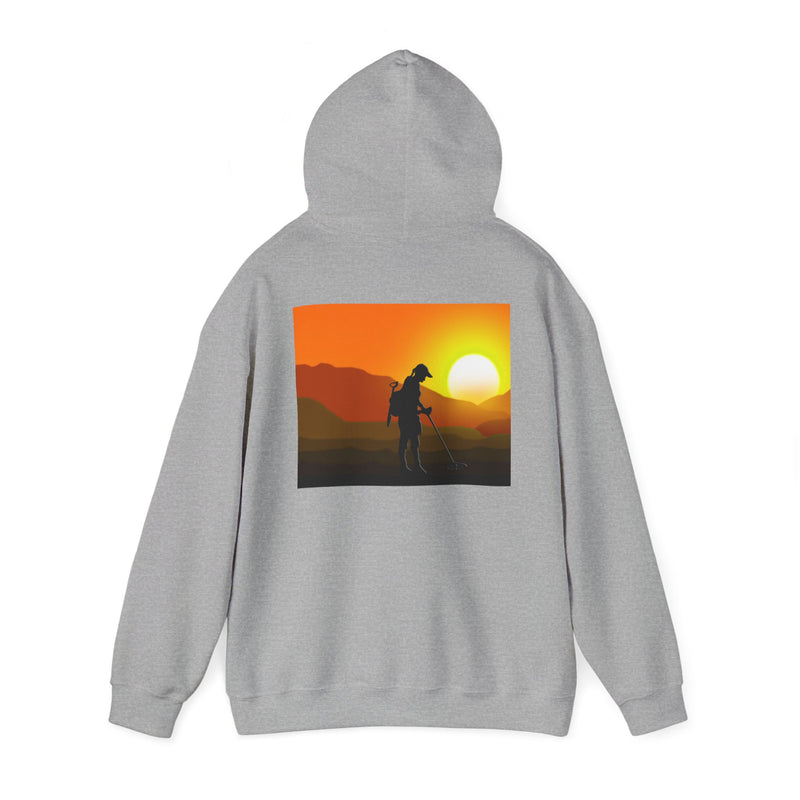 Metal Detecting (front) Women Detectorist with Sunset Design (back). Thick Weight Hoodie FREE SHIPPING