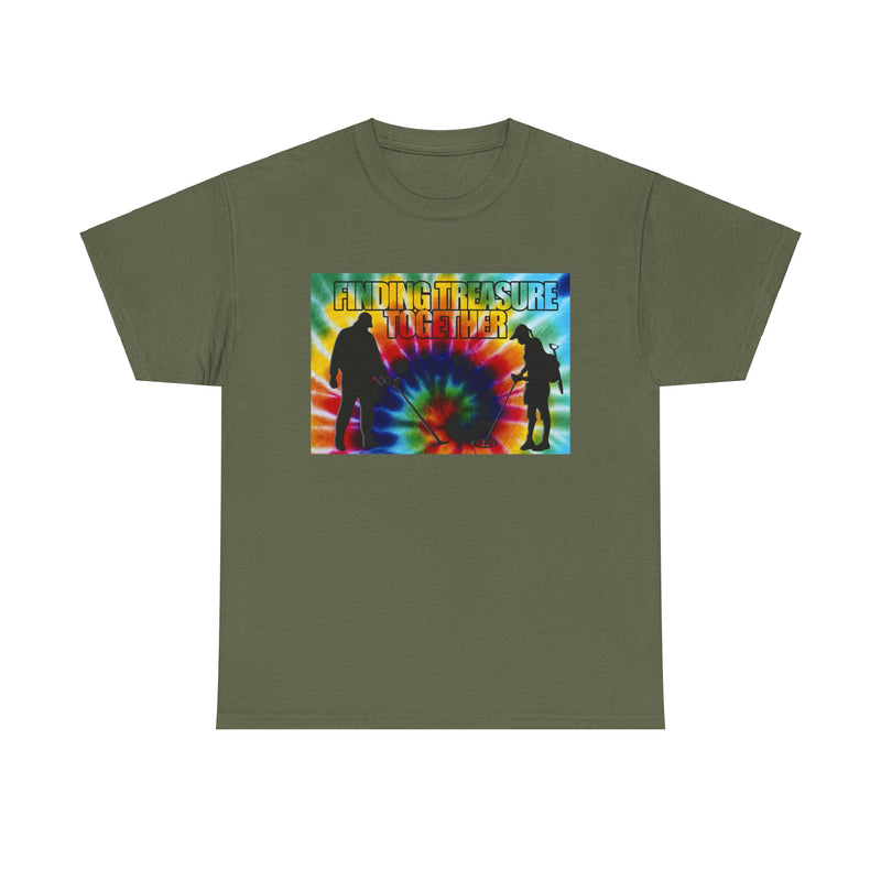 'Finding Treasure Together' Tie Dye style heavy weight T-Shirt. One-sided design.