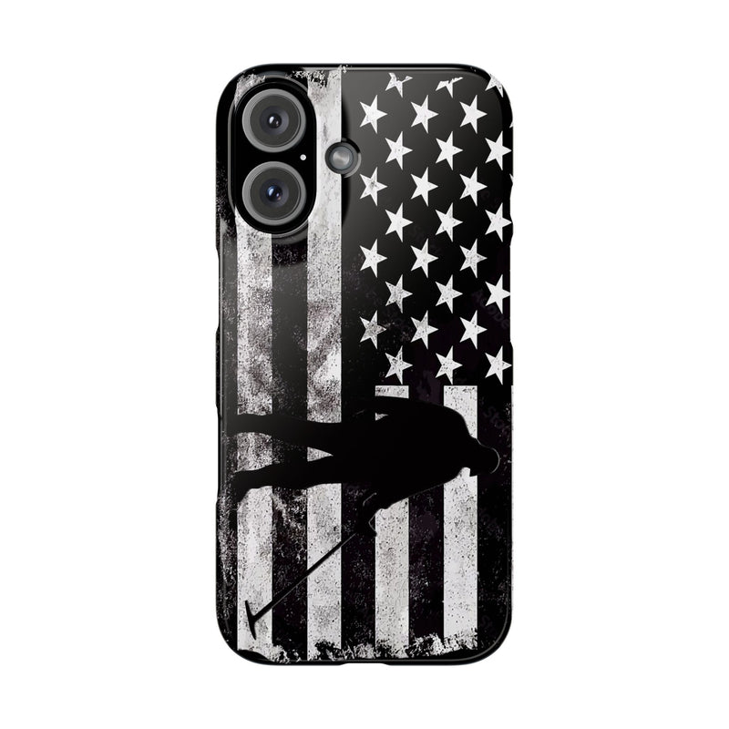 Slim iPhone Red Cases with stylized American Flag and Detectorist Graphic (iPhone 13-16 series)