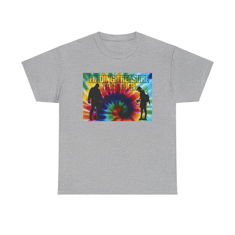 'Finding Treasure Together' Tie Dye style heavy weight T-Shirt. One-sided design.