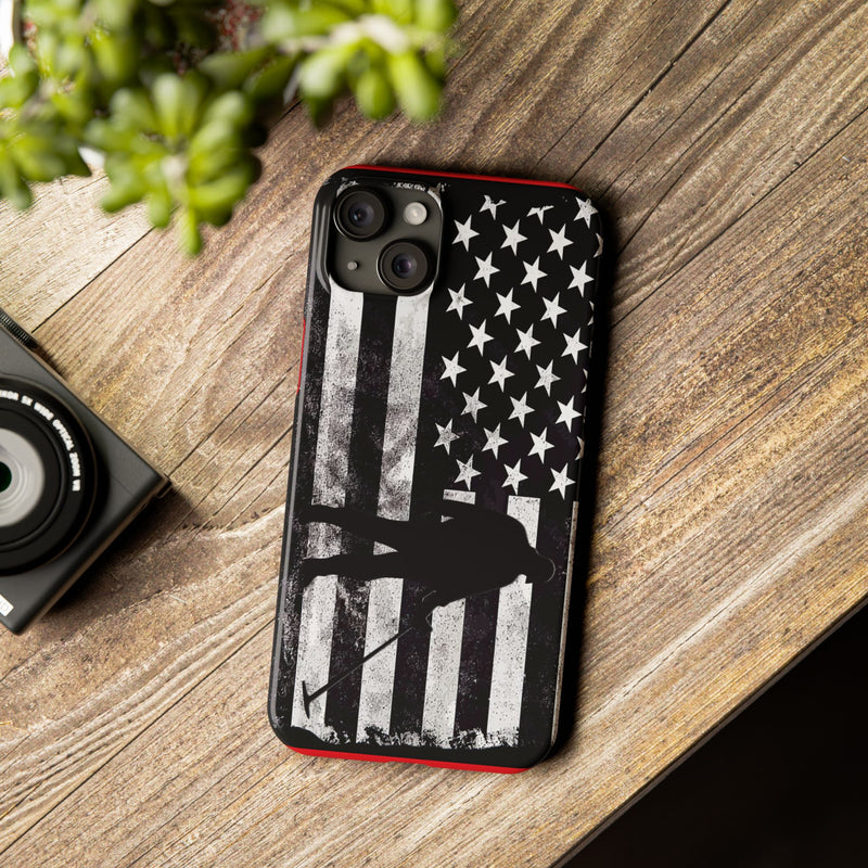 Slim iPhone Red Cases with stylized American Flag and Detectorist Graphic (iPhone 13-16 series)