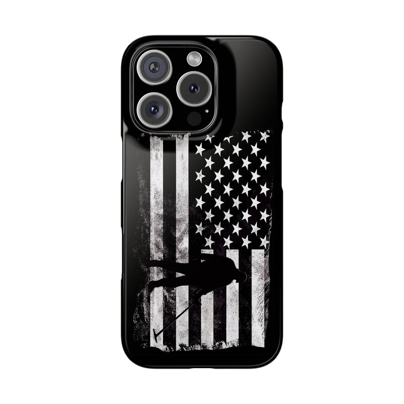 Slim iPhone Black Cases with stylized American Flag and Detectorist (13-16 series) sku: 21