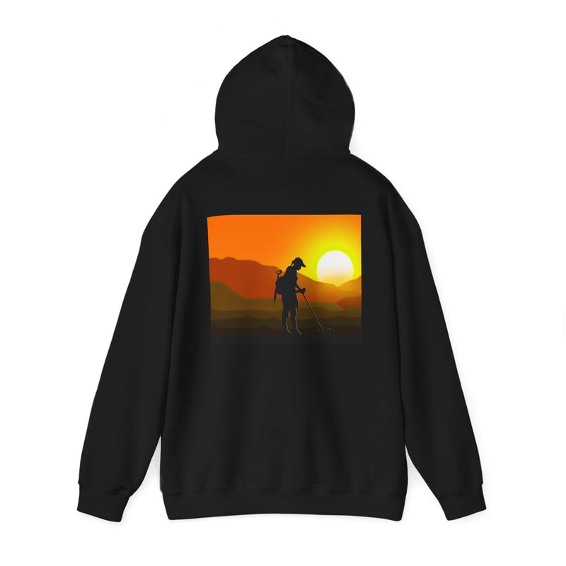 Metal Detecting (front) Women Detectorist with Sunset Design (back). Thick Weight Hoodie FREE SHIPPING