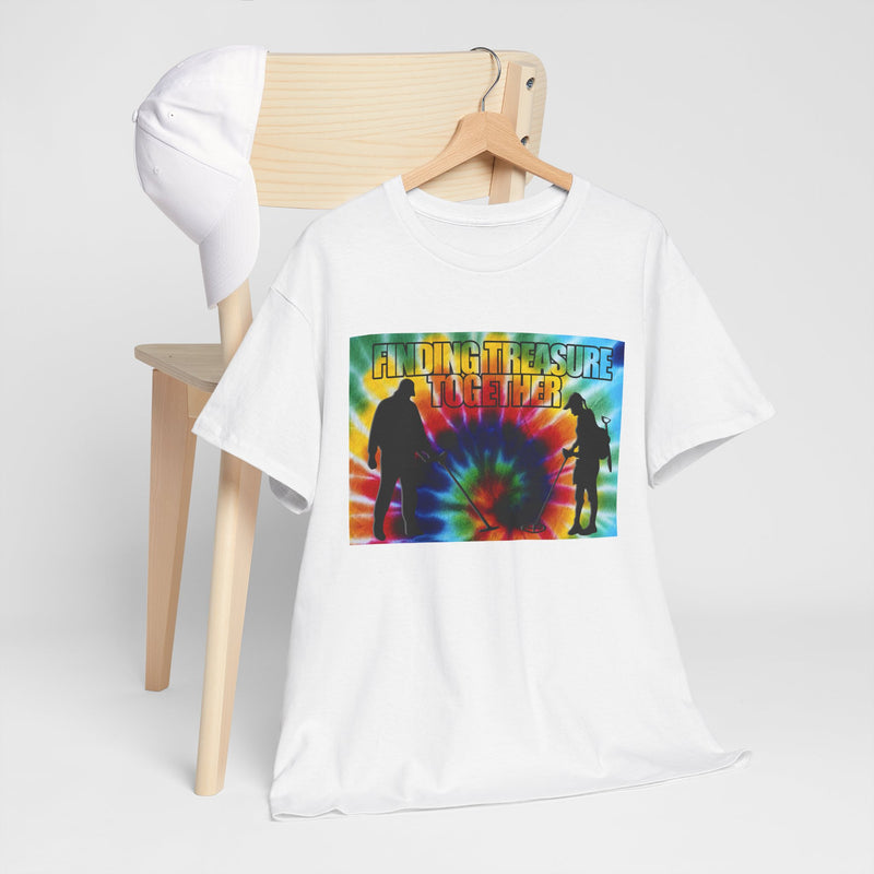 'Finding Treasure Together' Tie Dye style heavy weight T-Shirt. One-sided design.