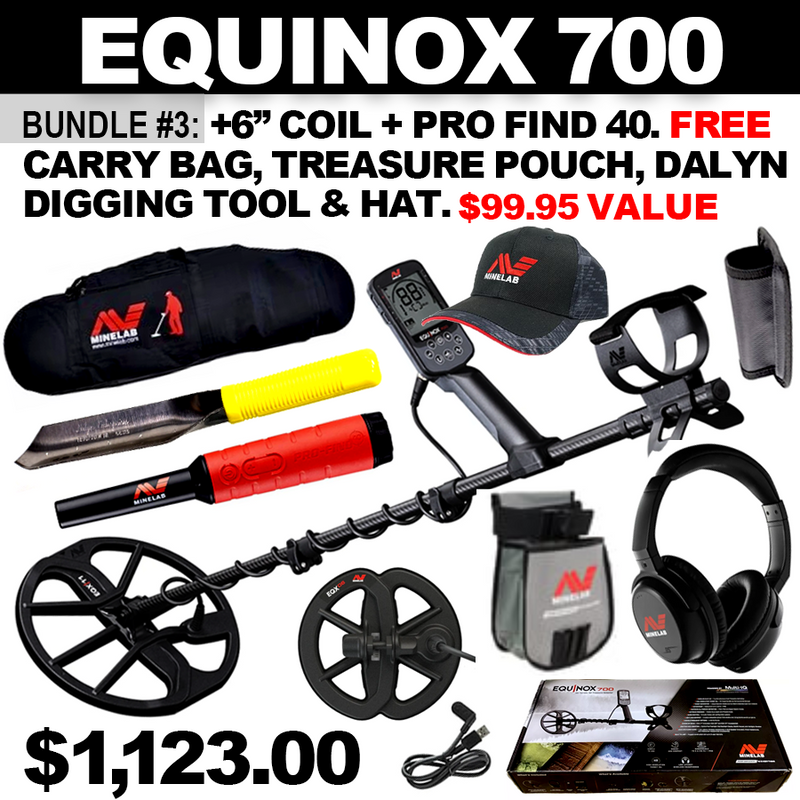 Bundle #3: Equinox 700 includes WHP + 6” Coil + Pro Find 40. FREE Carry Bag, Treasure Pouch, Minelab Hat & Dalyn Digging Tool (94.94 Value)