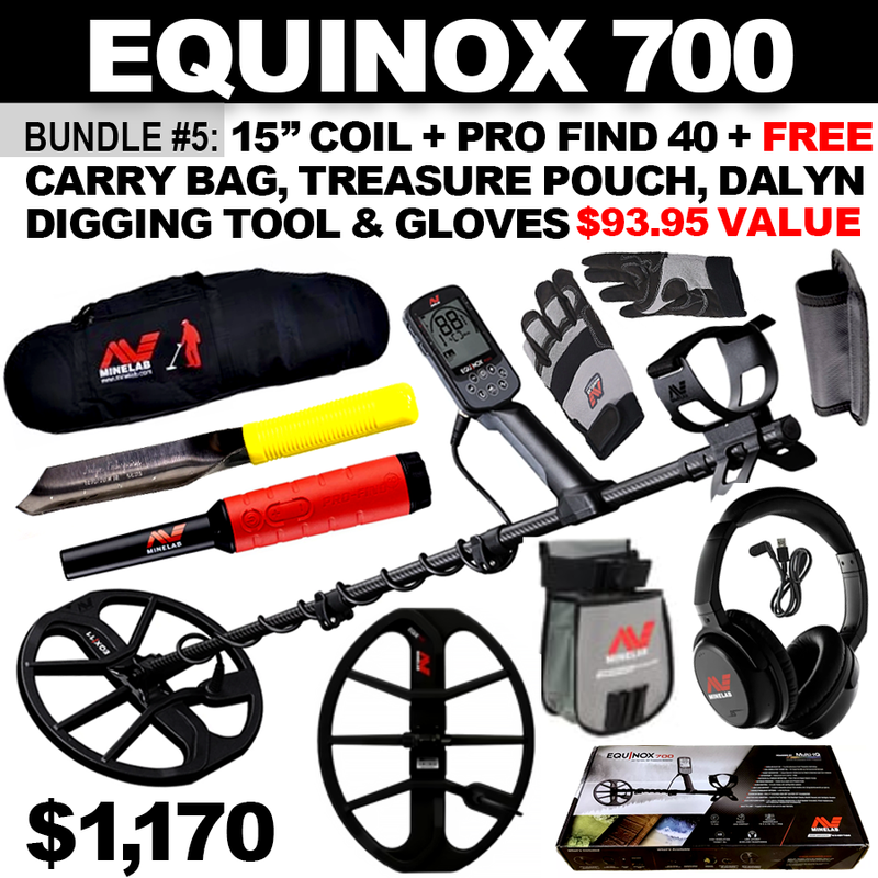 Bundle #5: Equinox 700 + 15” Coil + Pro Find 40. FREE Carry Bag, Treasure Pouch, Dalyn Digging Tool & Gloves