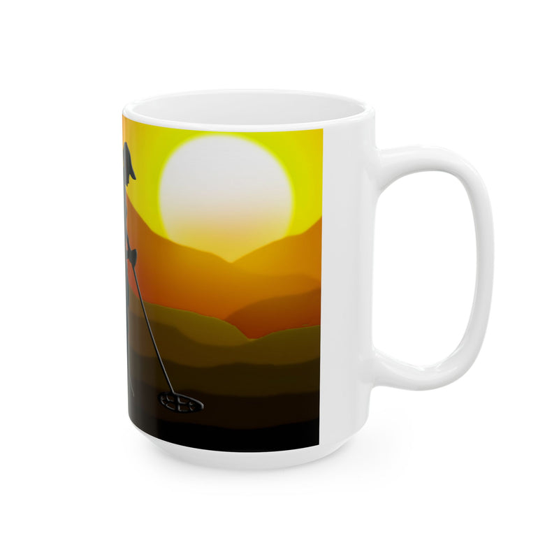 15 ounce Ceramic Mug - "Female detectorist with sunset design" FREE SHIPPING