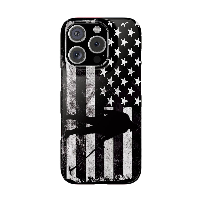 Slim iPhone Red Cases with stylized American Flag and Detectorist Graphic (iPhone 13-16 series)