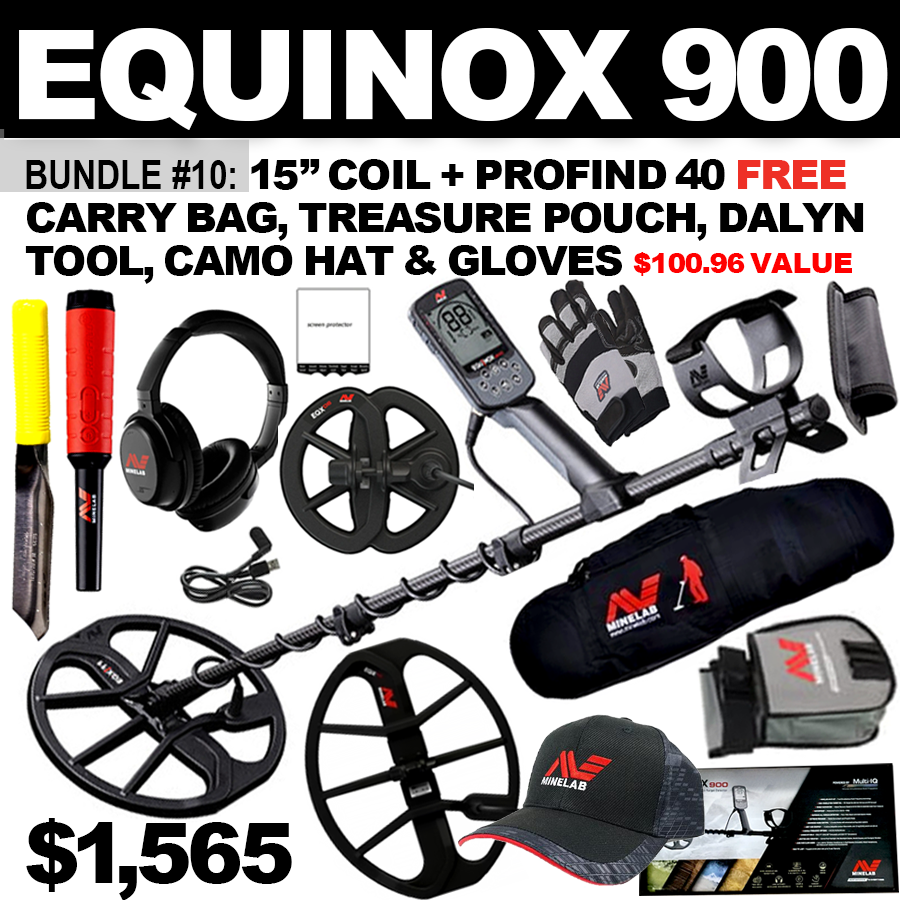 Bundle #10: Equinox 900 + 15” Coil + Pro Find 40. FREE Carry Bag, Treasure Pouch, Dalyn Digging Tool, Camo Hat & Gloves