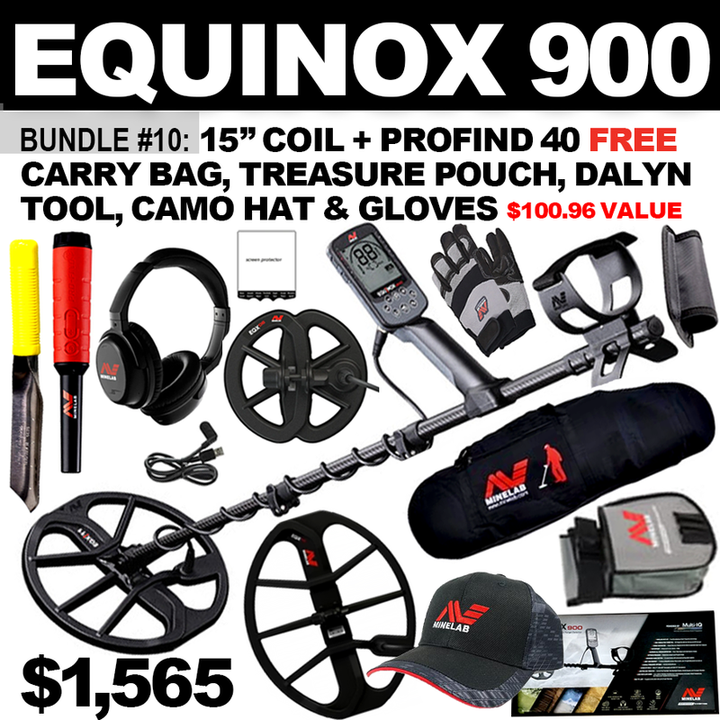 Bundle #10: Equinox 900 + 15” Coil + Pro Find 40. FREE Carry Bag, Treasure Pouch, Dalyn Digging Tool, Camo Hat & Gloves