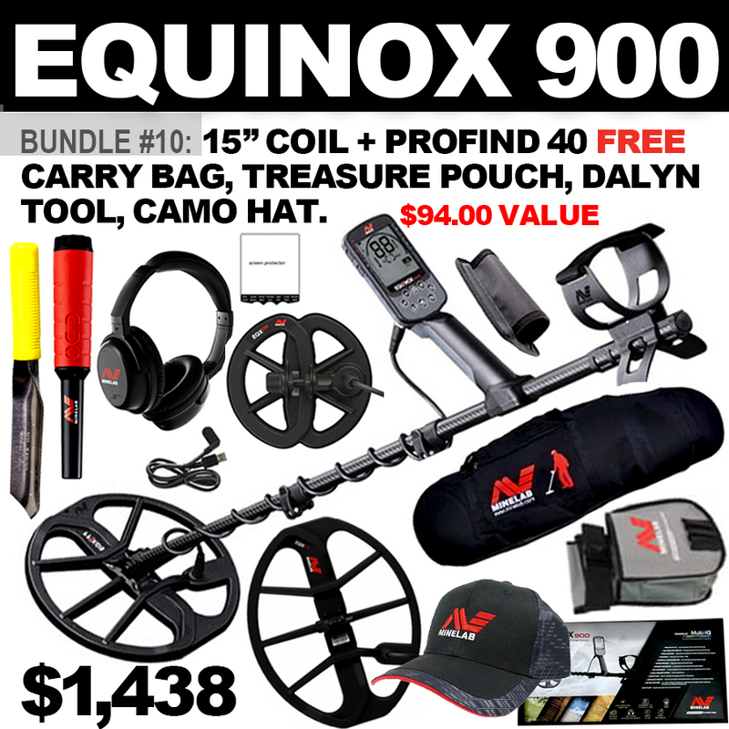 Bundle #10: Equinox 900 includes  6" DD Coil & WHP + 15” Coil + Pro Find 40. FREE Minelab Carry Bag, Minelab Treasure Pouch, Minelab Hat & Dalyn Digging Tool (94.94 Value)