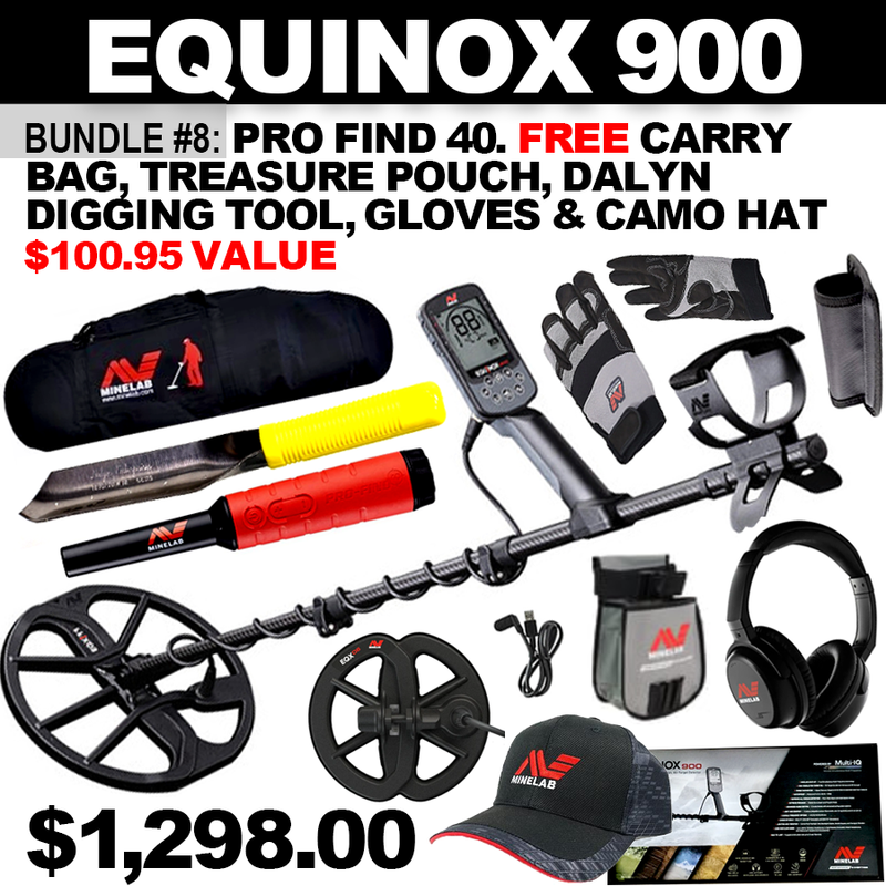 Bundle #8: Equinox 900 + Pro Find 40. FREE Carry Bag, Treasure Pouch, Dalyn Digging Tool Camo Hat & Gloves