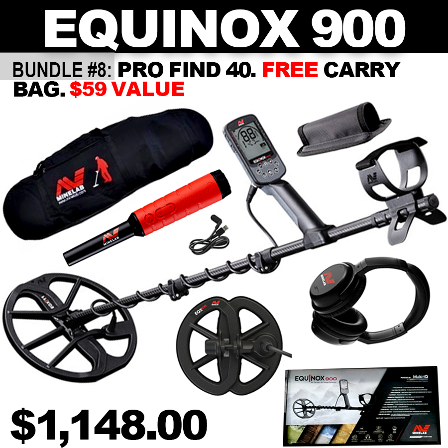 Bundle #8: Equinox 900 includes 6" DD Coil & WHP + Pro Find 40. FREE Minelab Carry Bag (59.99 Value)