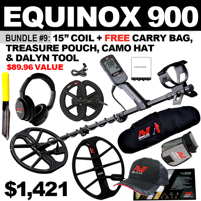 Bundle #9: Equinox 900 +15” Coil. FREE Carry Bag, Treasure Pouch, Camo Hat & Dalyn Digging Tool ($89.96 Value)