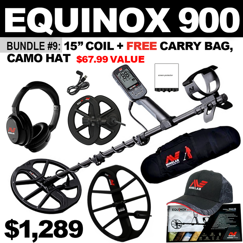 Bundle #9: Equinox 900 includes 6" DD Coil & WHP +15” Coil. FREE Minelab Carry Bag, Minelab Hat ($67.99 Value)