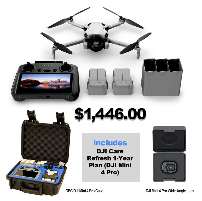 DJI Mini 4 Pro Fly More Combo Plus Drone  (DJI RC 2) BUNDLE Includes 3 Plus Batteries, Hard Case, 1 Year Plan,  Wide-Angle Lens, and Shoulder Bag