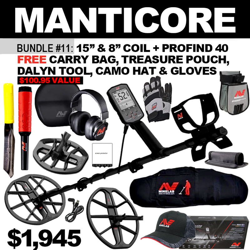 Bundle #11: Minelab Manticore + Minelab M8 & M15 DD Elliptical Coils + Minelab Pro-Find 40 FREE Minelab Carry Bag, Minelab Treasure Pouch, Minelab Camo Hat, Minelab Gloves & Dalyn Digging Trowel,