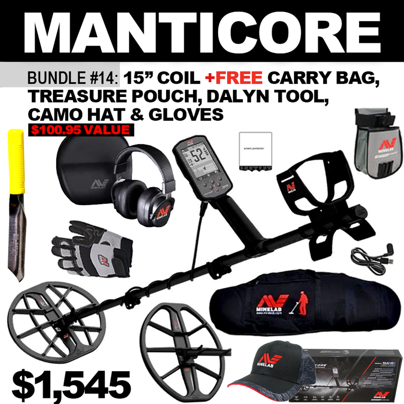 Bundle #14: Minelab Manticore  + M15 DD Elliptical Coil +FREE Minelab Carry Bag, Minelab Treasure Pouch, Minelab Camo Hat, Minelab Gloves &  Dalyn Digging Tool,