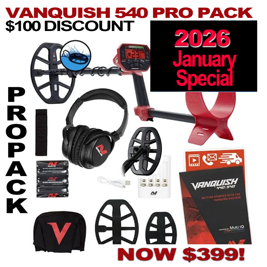 MINELAB VANQUISH 540 PRO PACK METAL DETECTOR - $100 2026 Winter Discount. Includes many extras