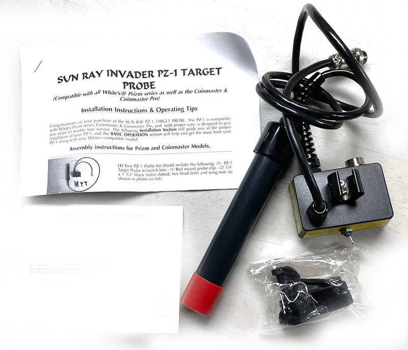 Sun Ray PZ-1 Invader Probe for White’s Prizm, Coinmaster, and Coinmaster Pro Series. Floor Model. 30-day guarantee. NO WARRANTY.